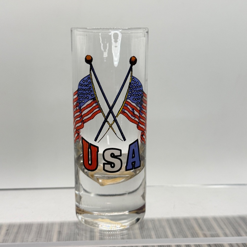 Vintage USA American Flag Tall Shot Glass Clear Patriotic Shooter Barware 2oz